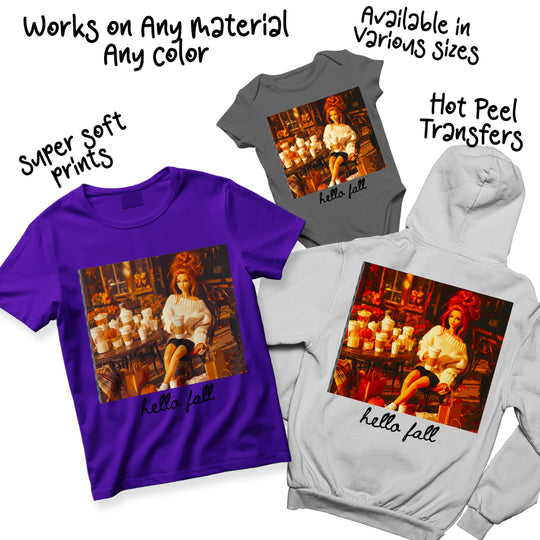 Hello Fall Retro Doll DTF heat transfer design shown across multiple fall-themed apparel color options including rust, cream, and brown t-shirts for seasonal boutique use