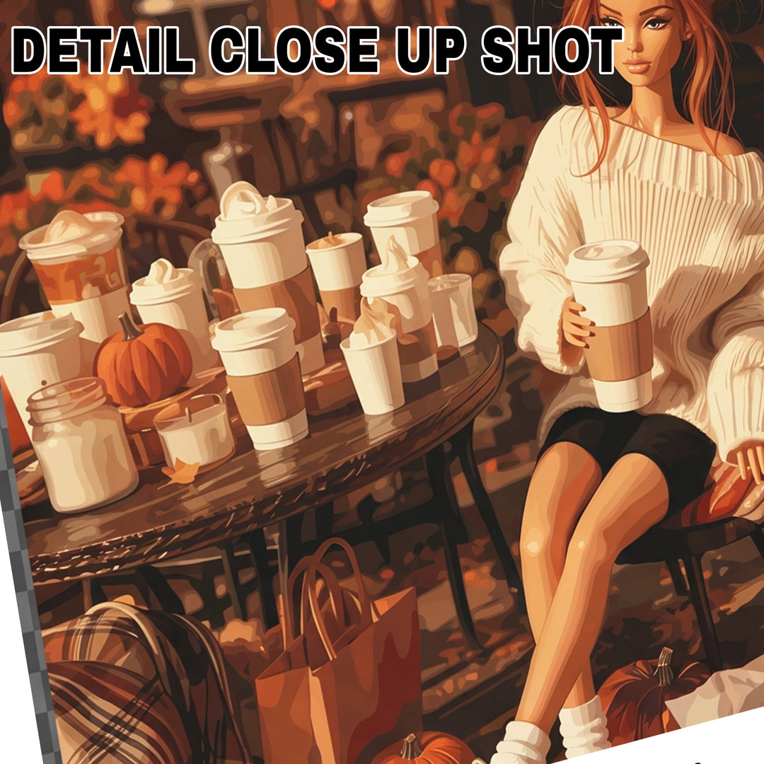 Hello Fall retro doll DTF transfer design featuring a stylish fashion doll with auburn updo holding a pumpkin spice latte, surrounded by coffee cups and mini pumpkins in warm amber fall tones, presented as a polaroid-style illustration