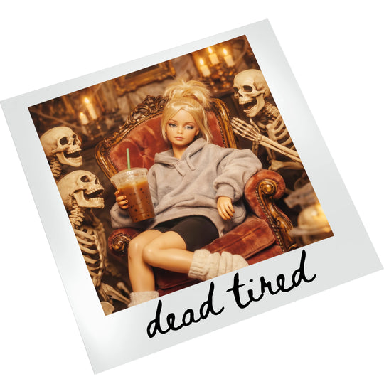 Dead Tired Halloween DTF transfer on white background showing full polaroid-framed design with retro doll and skeleton characters ready to press onto a shirt