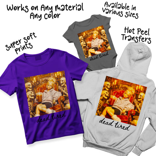 Halloween DTF ready-to-press transfer design in multiple size variations featuring the Dead Tired Retro Doll polaroid design on various garment color mockups