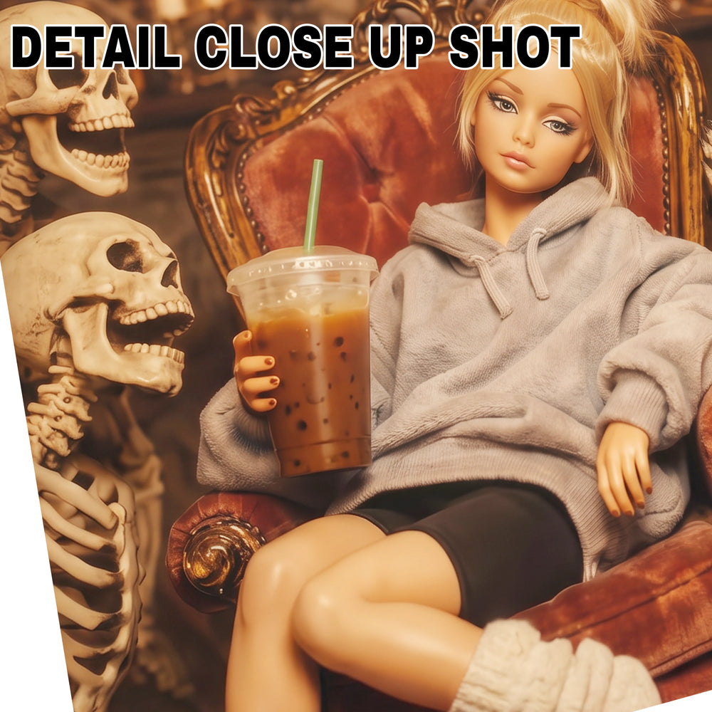 Halloween Dead Tired Retro Doll DTF transfer design showing a fashion doll in a grey hoodie holding iced coffee surrounded by skeletons in a polaroid-style frame with 'dead tired' caption