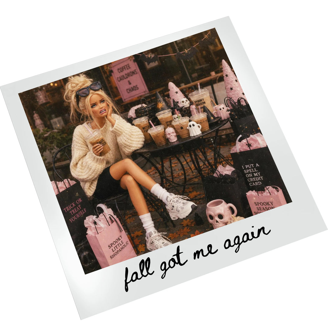 Halloween Retro Doll Fall Got Me Again ready-to-press DTF transfer displayed on a white background showing full design detail with warm fall tones, pink accents, and spooky Halloween elements