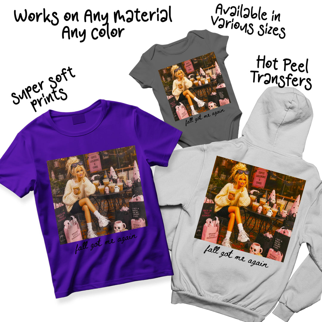 Fall Got Me Again Halloween DTF transfer design shown in multiple color shirt variations including black, white, and grey to demonstrate how the vibrant Polaroid-style graphic appears on different garment colors