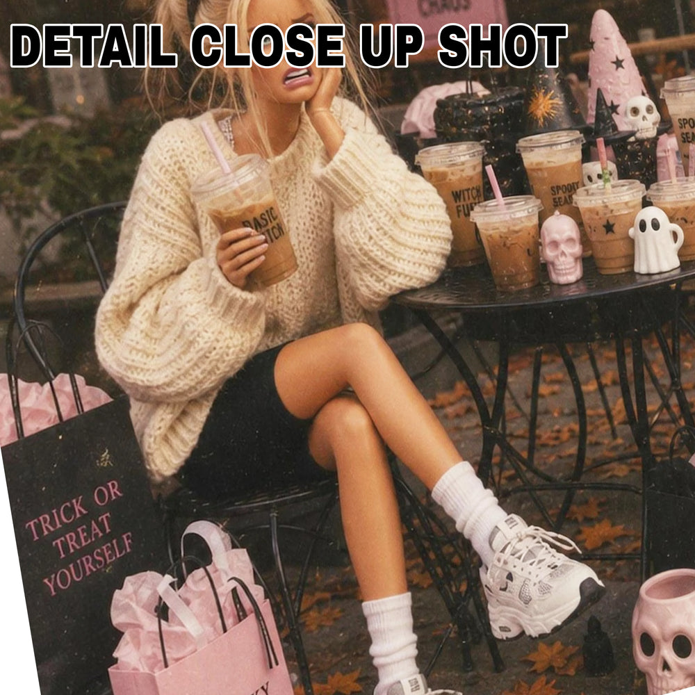 Halloween DTF transfer featuring a retro Polaroid-style design with a fashionable blonde doll sitting at a café surrounded by iced coffees, ghost mugs, spooky shopping bags, and the handwritten caption 'fall got me again'