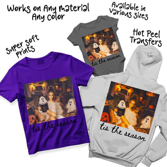 Halloween DTF heat transfer design shown applied to multiple t-shirt color variations including black, white, and orange garments for seasonal apparel customization