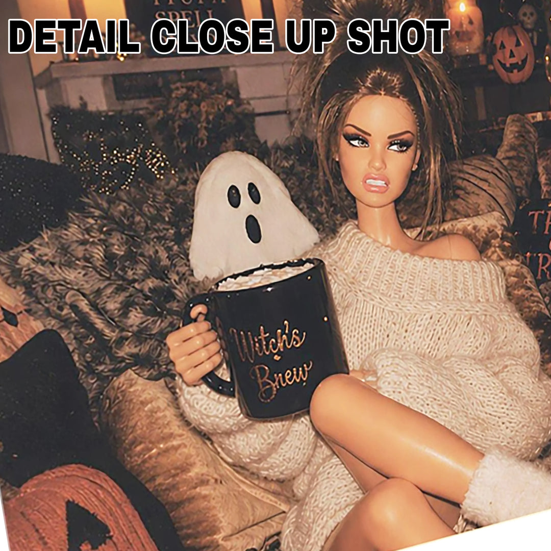 Halloween DTF transfer featuring a retro Polaroid-style design with a fashion doll in a cozy knit sweater holding a Witch's Brew mug, surrounded by ghost plushies, jack-o'-lanterns, and Halloween decor with 'Tis The Season' script lettering