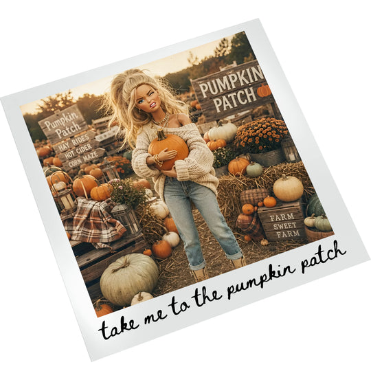 Fall Retro Doll Pumpkin Patch ready-to-press DTF transfer on white background, featuring warm autumn tones, a stylish doll, and handwritten 'take me to the pumpkin patch' caption