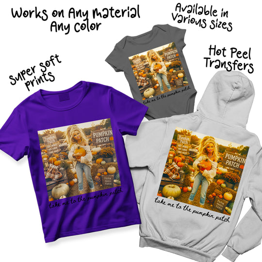 Pumpkin patch retro doll DTF transfer shown on multiple shirt color options including cream, black, and rust orange garments for fall seasonal apparel