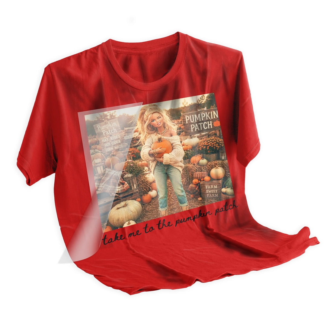 Heat press application of the Fall Retro Doll Pumpkin Patch DTF transfer onto a cream t-shirt, showing crisp vibrant detail after pressing at 305°F