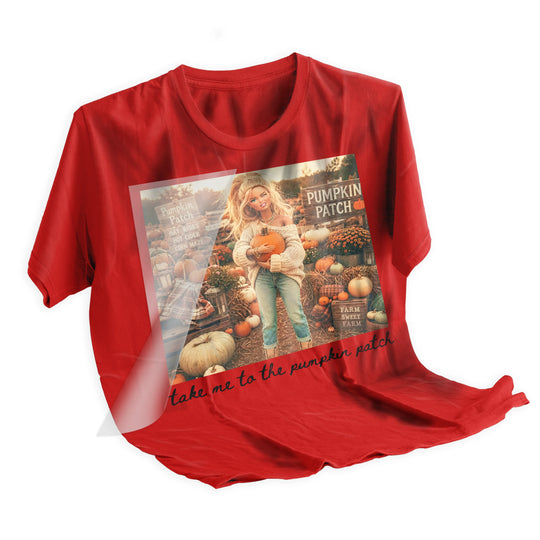 Heat press application of the Fall Retro Doll Pumpkin Patch DTF transfer onto a cream t-shirt, showing crisp vibrant detail after pressing at 305°F