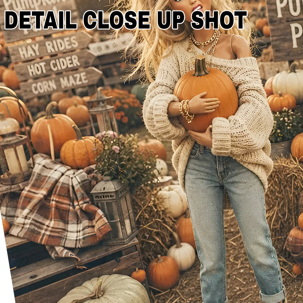 Fall Retro Doll Pumpkin Patch DTF transfer design showing a fashion doll holding an orange pumpkin in a Polaroid-style photo frame with hay bales, mums, and pumpkin patch signs