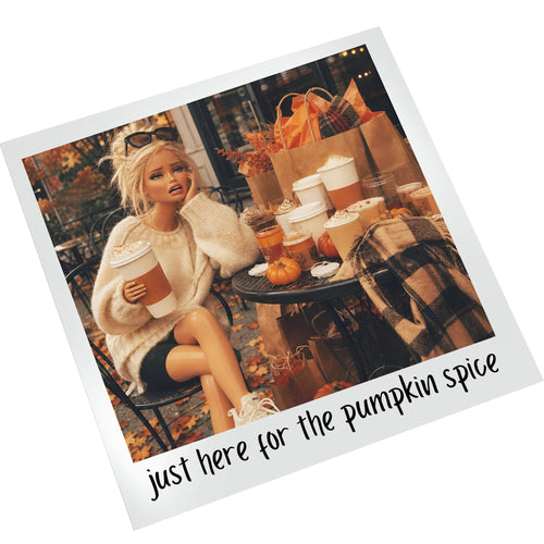 Fall Retro Doll Pumpkin Spice ready-to-press DTF transfer displayed on a white background, polaroid framed autumn design with warm orange and cream tones perfect for custom t-shirts and fall apparel