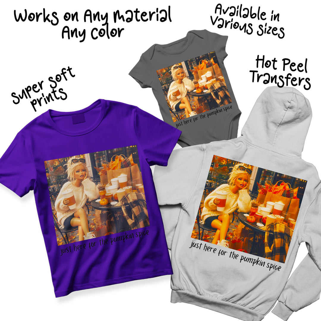 Multi-color fall DTF transfer featuring retro doll pumpkin spice polaroid design shown on various shirt color options including white, black, and autumn-toned apparel