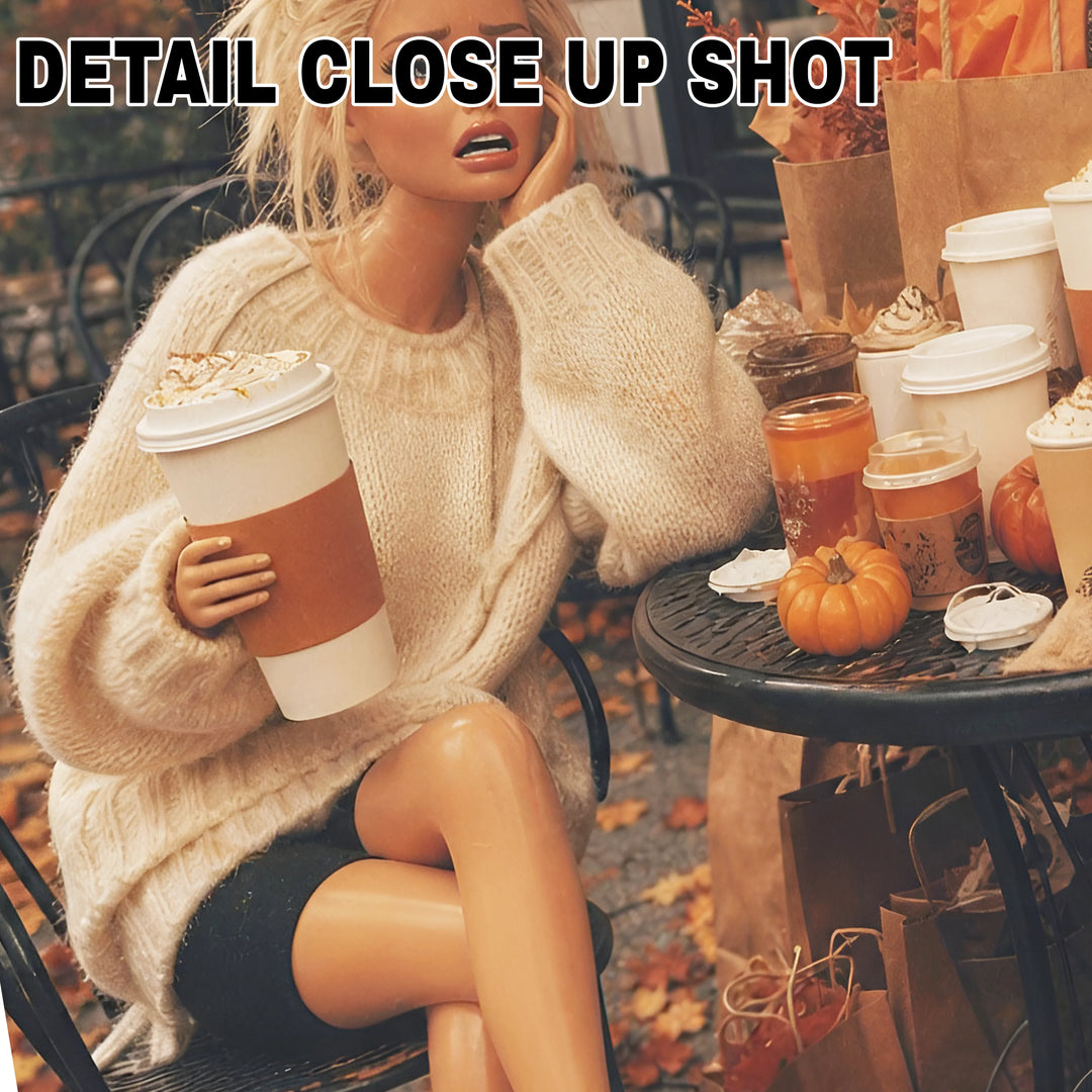 Fall Retro Doll Pumpkin Spice DTF transfer design showing a stylized blonde doll in a cream sweater holding a pumpkin spice latte, surrounded by fall coffee cups, mini pumpkins, and shopping bags in a polaroid-style frame with the caption 'just here for the pumpkin spice'