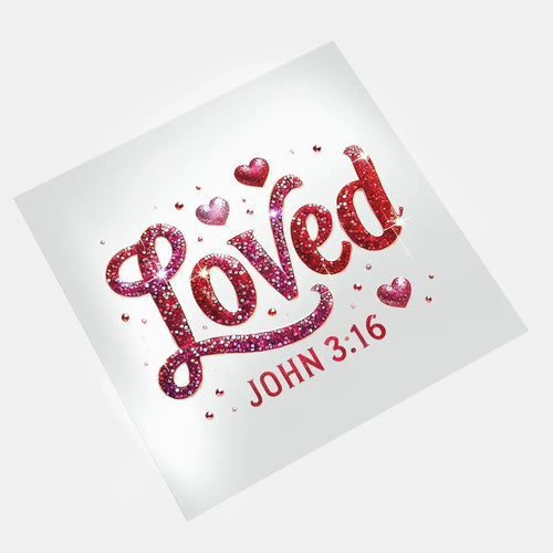 DTF transfers loved John 316 sparkly red hearts design ready