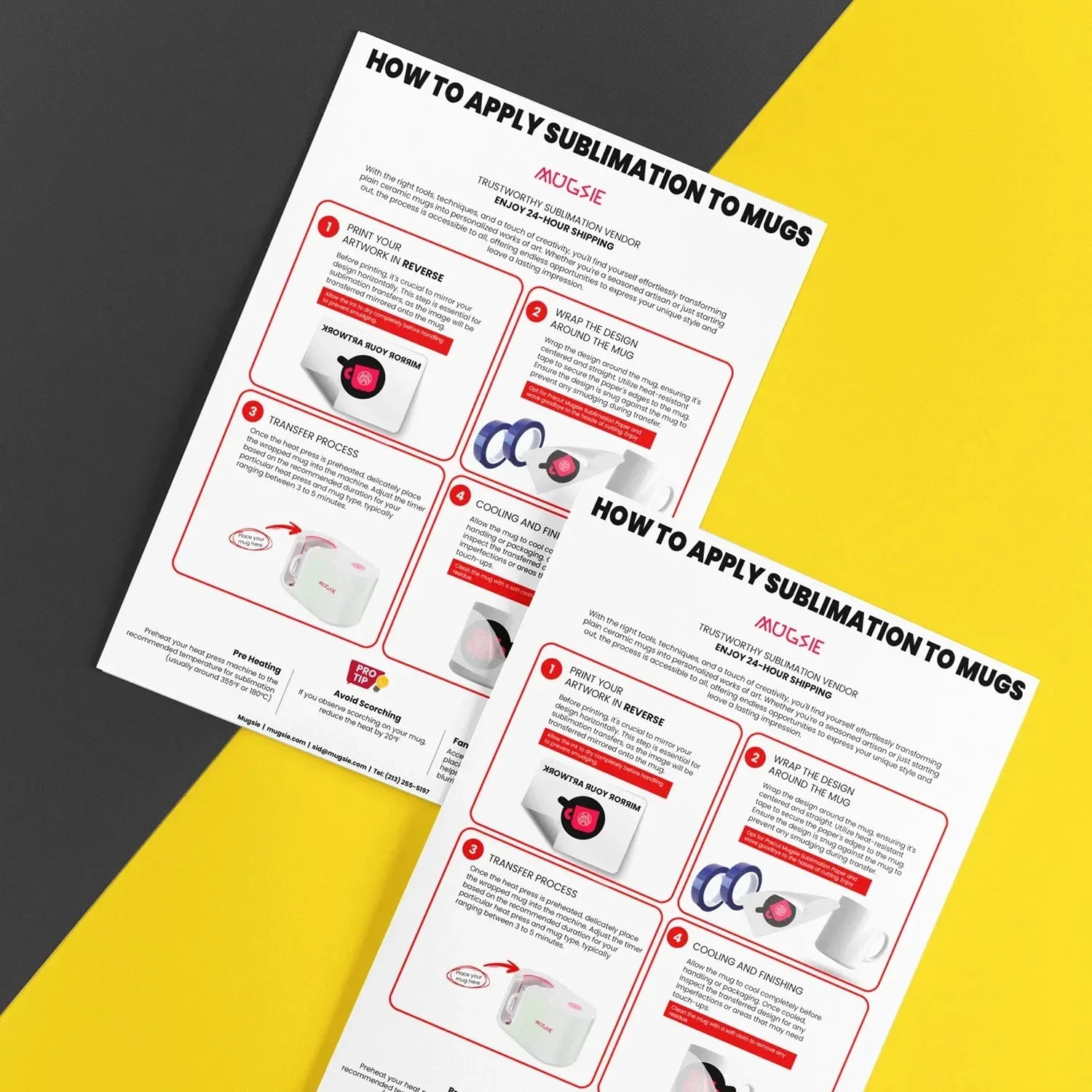 Step-by-step guide showing how to apply sublimation designs to mugs using a heat press