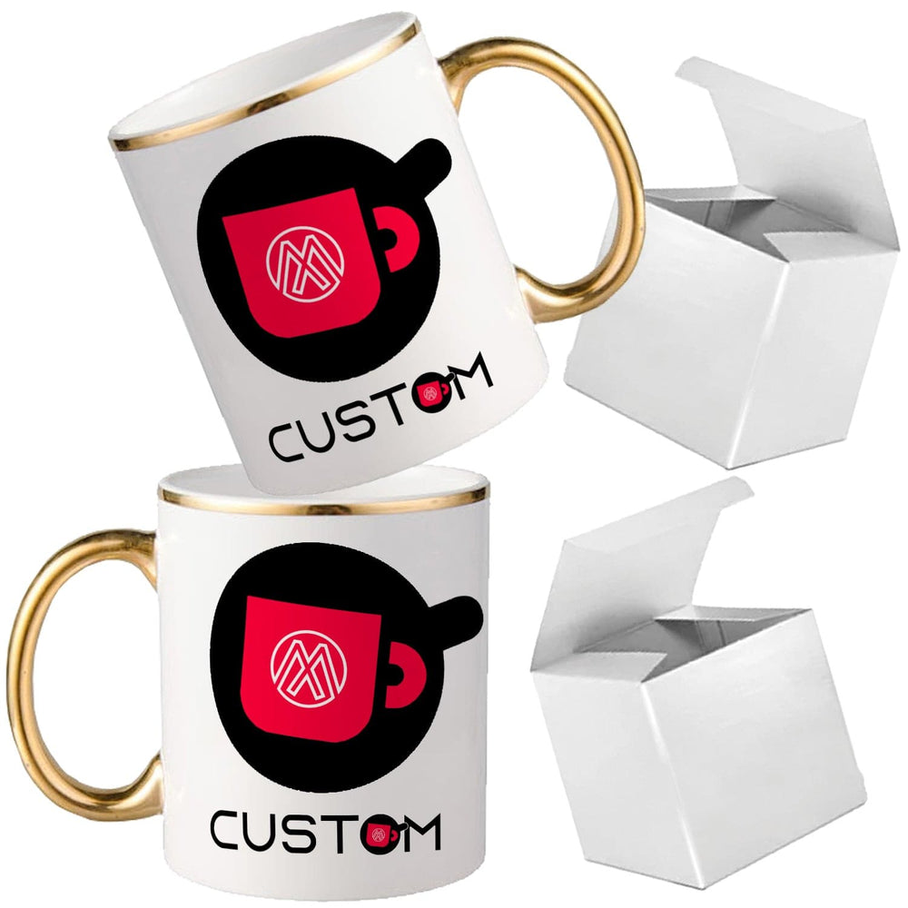 Personalized Metallic Rim Ceramic Coffee Mug - 11oz Custom Mugs with Gift Box - Full Color Print.