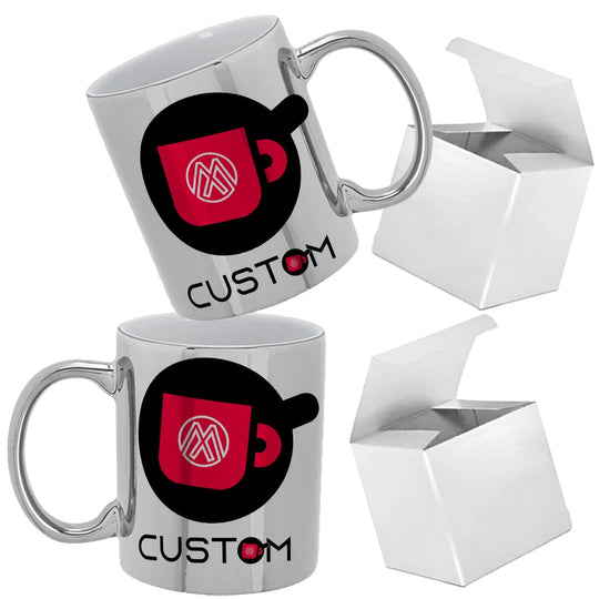 Personalized Silver Metallic Ceramic Coffee Mug - 11oz Custom Mugs with Gift Box - Full Color Print.