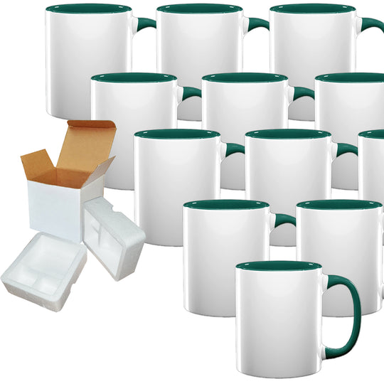 Hunter Green Sublimation Mugs - 12 Pack (11oz) | Hunter Geeen Interior And Handle | Individually Packaged | Foam Support Boxes