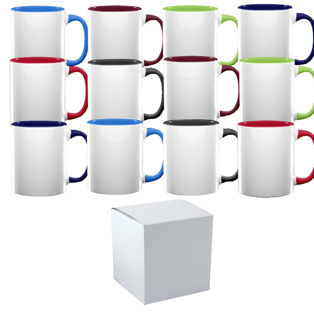 12 Pcs 11OZ Mixed Color Inner & Handle Sublimation Mugs with Included White Gift Boxes.