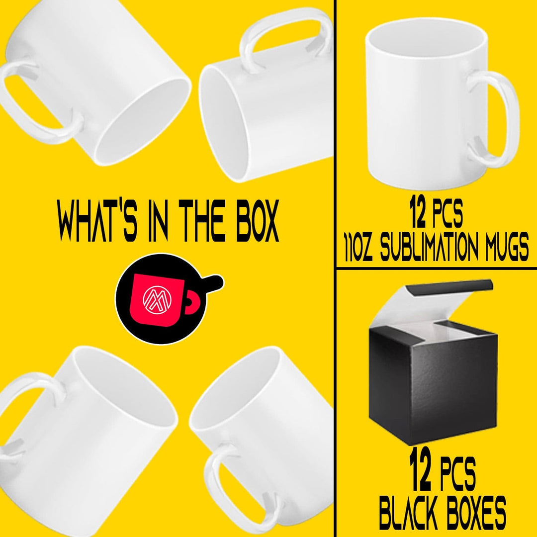 12 PACK 11 oz White Professional Grade Sublimation Mug- Sublimation Series - With Individual BLACK Gift Box.