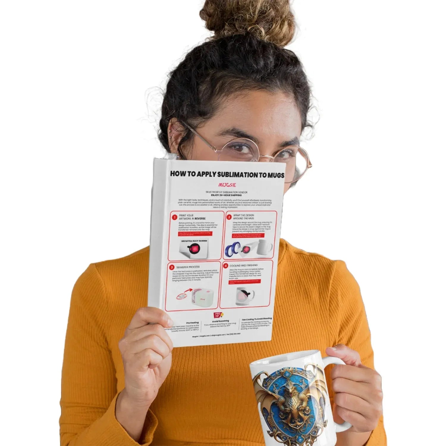 Step-by-step guide for sublimation printing on mugs, including instructions for using a heat press and achieving optimal results