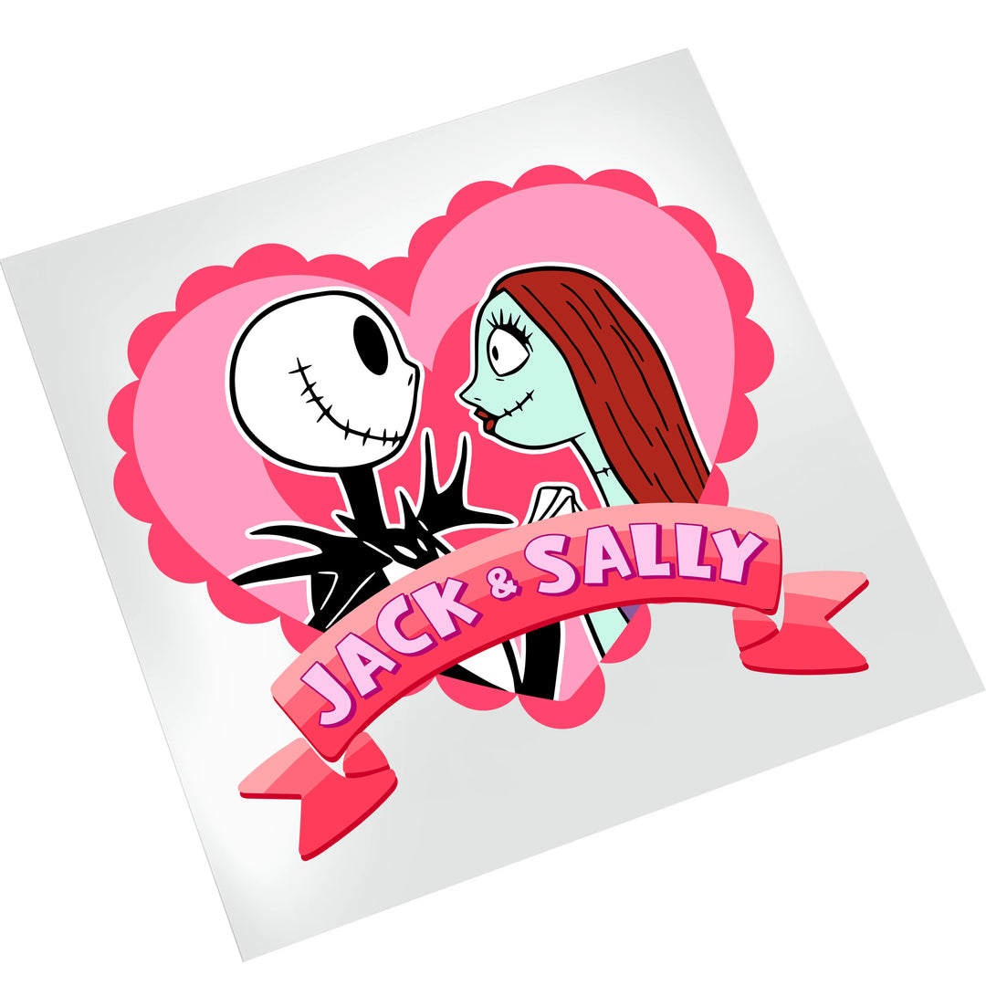 Halloween romance DTF transfer on white background featuring Jack Skellington and Sally in pink heart with decorative border ready to press