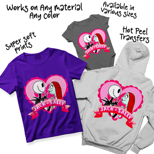 Jack and Sally romantic Halloween DTF transfer showing color variations and sizing options for heat press application