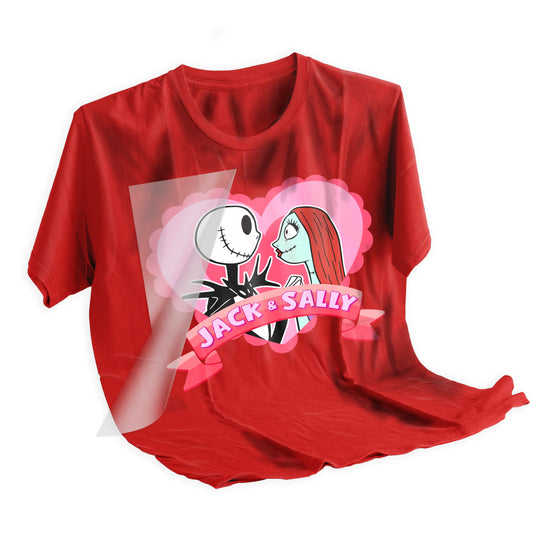 Applied Jack and Sally romance DTF transfer on dark t-shirt showing final pressed result with vibrant pink heart design