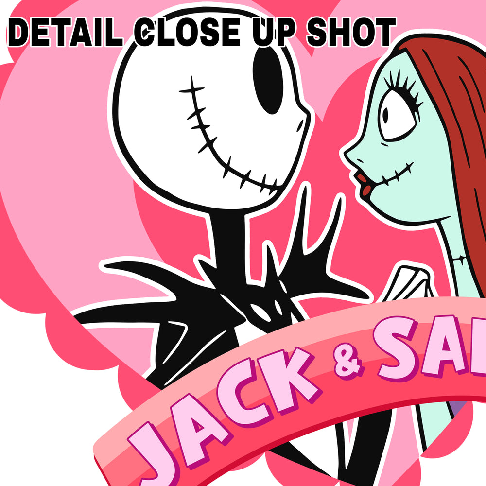 Jack and Sally DTF transfer design showing the Nightmare Before Christmas characters in romantic pose within pink scalloped heart frame with banner