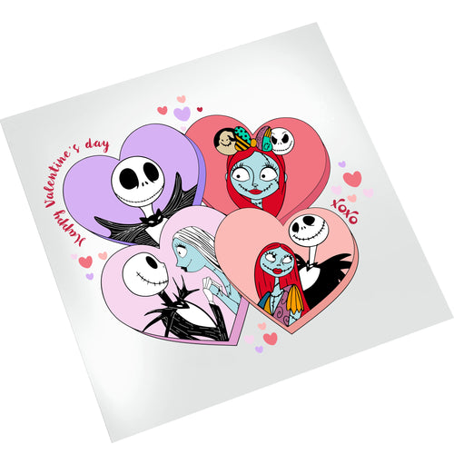Jack and Sally Valentine DTF transfer on white background showing cartoon characters in pink and purple heart frames with XOXO text