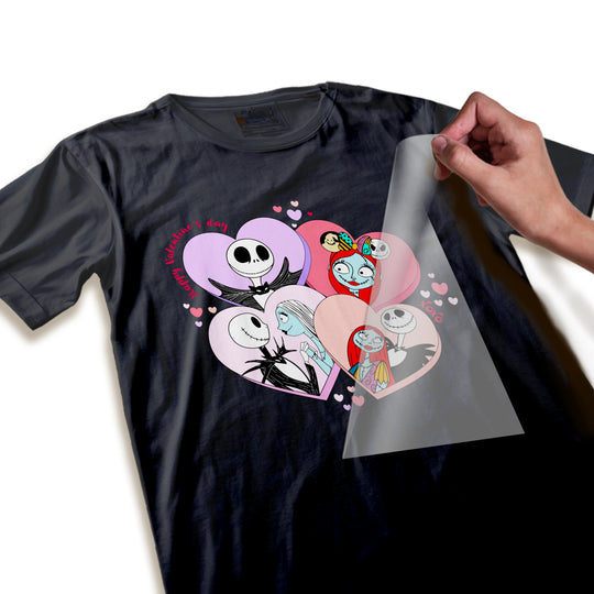 Close-up detail of Jack and Sally Valentine DTF transfer showing high-resolution cartoon artwork and smooth color gradients in heart frames