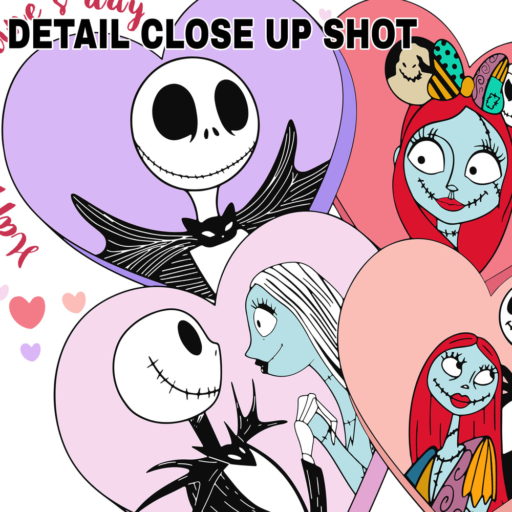 Valentine's Day DTF transfer design featuring Jack Skellington and Sally in colorful heart-shaped frames with romantic Valentine's Day text