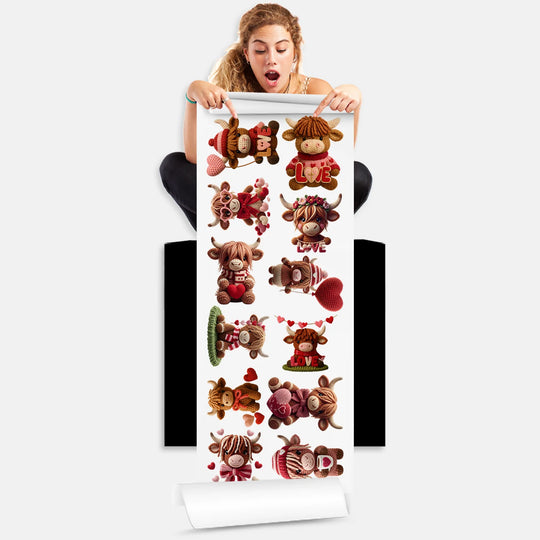 Person holding Valentine's highland cow DTF gang sheet with 12 yarn-style romantic cow designs ready to press transfers