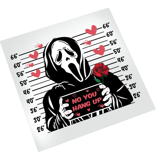 Scream Ghostface Valentine mugshot DTF transfer on white background showing police lineup measurements, romantic hearts, red rose, and playful Valentine's message