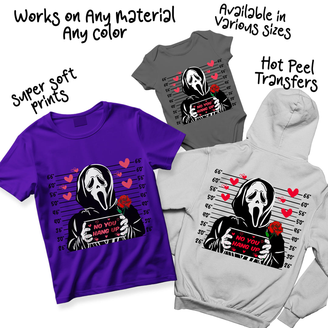 Multiple color variations of Valentine Scream Ghostface mugshot DTF transfer design showing different background and text color options for custom apparel
