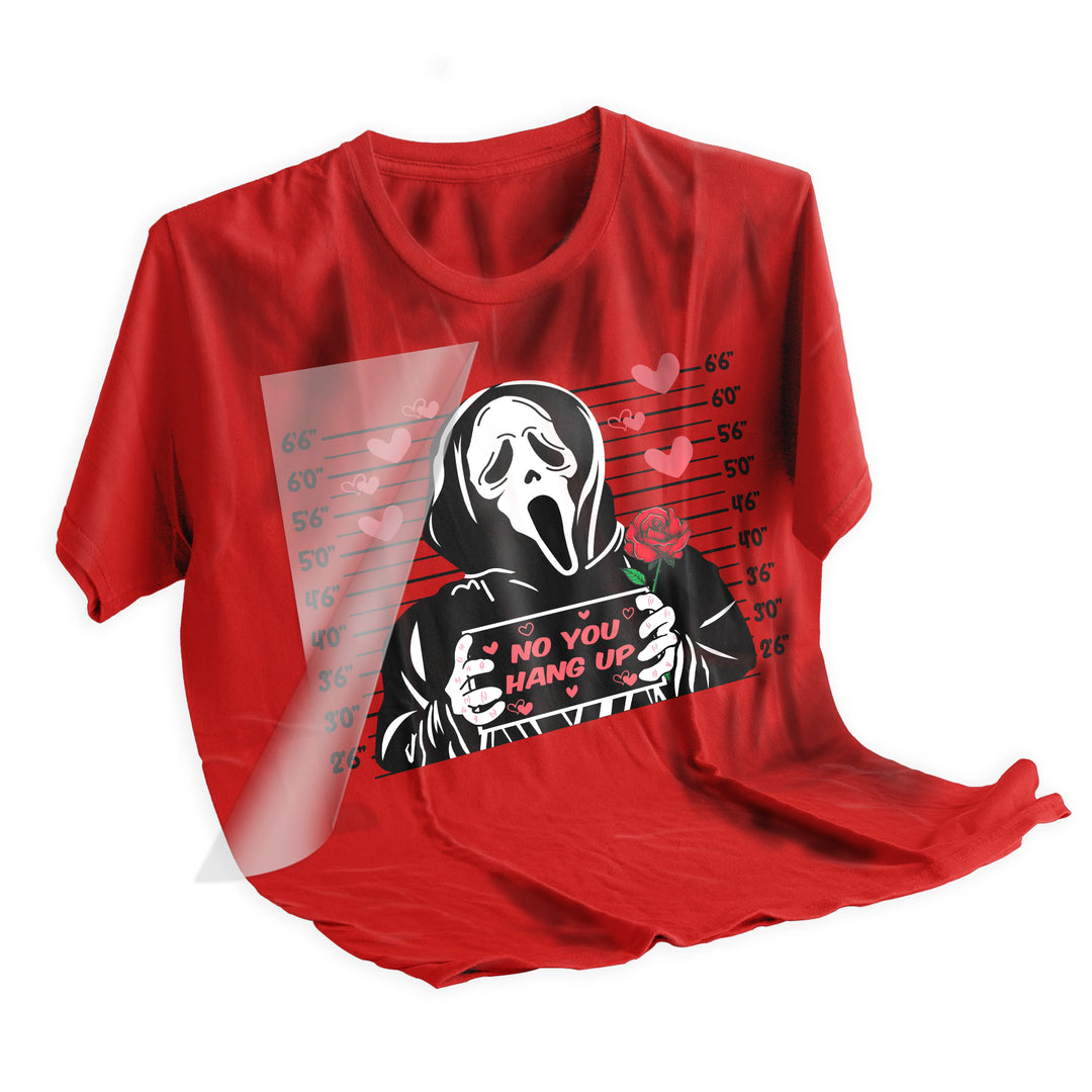 Valentine Scream Ghostface mugshot DTF transfer applied to black t-shirt showing vibrant colors and crisp detail transfer results on fabric