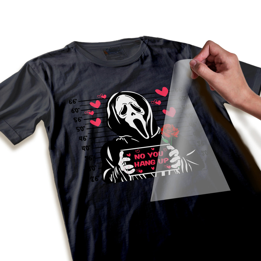 Close-up detail shot of Valentine Scream Ghostface mugshot DTF transfer showing high-quality print resolution, color saturation, and fine design elements