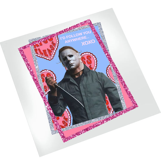 Myers Valentine DTF transfer on white background showing full design with pink sequin border and romantic message for heat press application