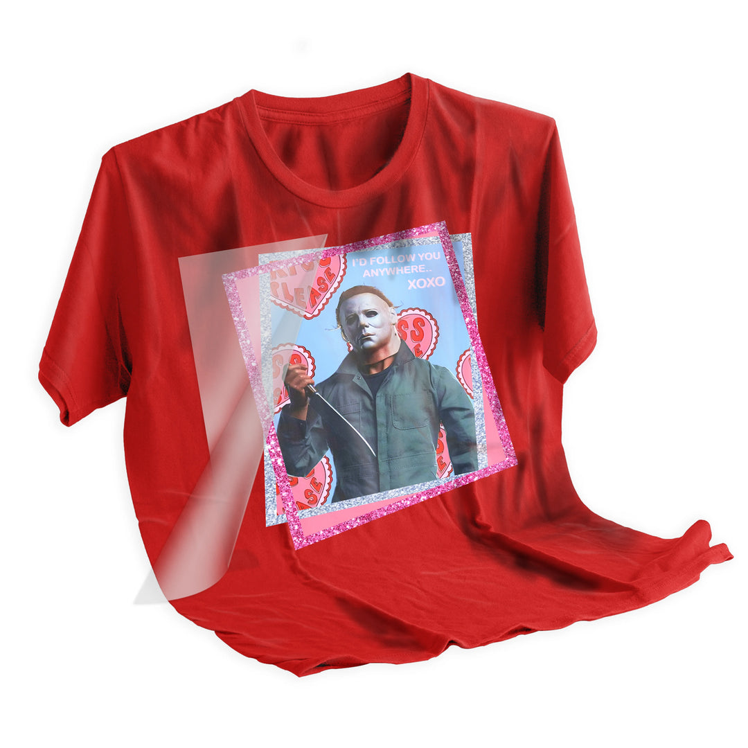 Myers Valentine DTF transfer applied to black t-shirt showing final result after heat press application with vibrant colors and clear text