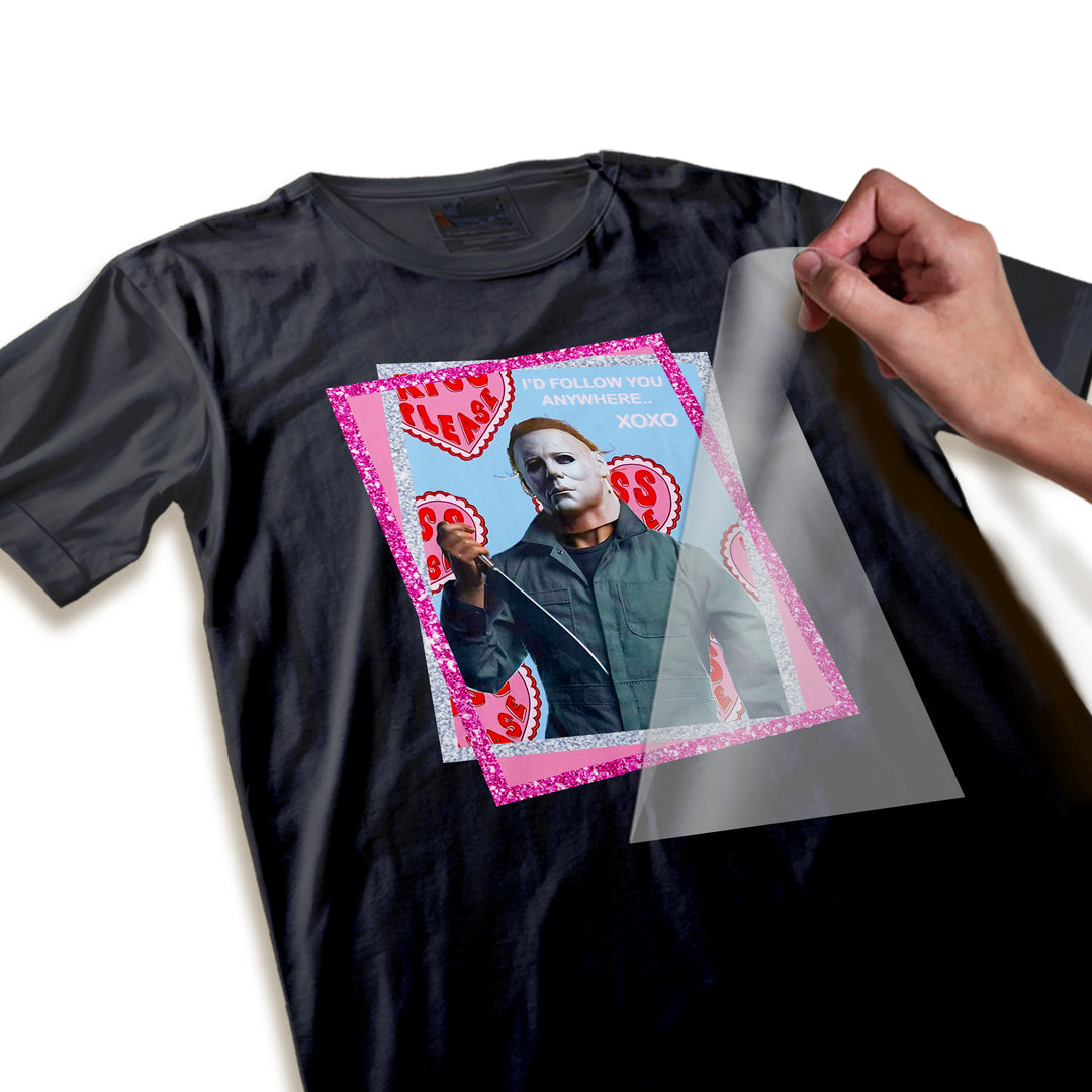 Close-up detail of Myers Valentine DTF transfer showing high-resolution print quality, glitter border texture, and sharp graphic elements