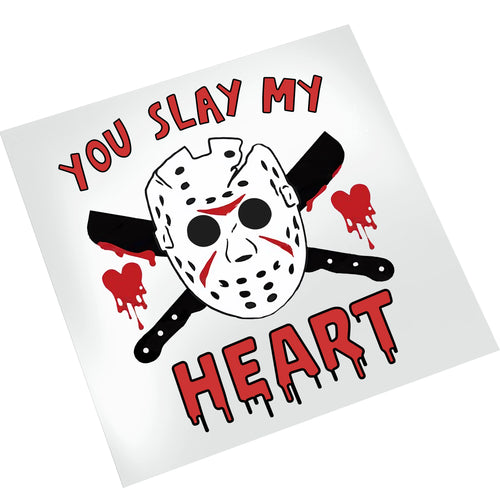 Horror Valentine's Day DTF transfer with red and black hockey mask design, crossed kitchen knives, and dripping blood text effects on white background