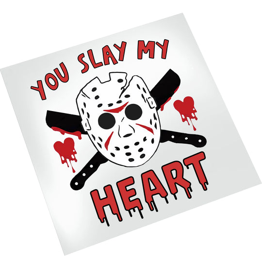 Horror Valentine's Day DTF transfer with red and black hockey mask design, crossed kitchen knives, and dripping blood text effects on white background
