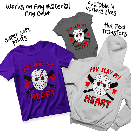 Multiple color variations of You Slay My Heart horror Valentine DTF transfer showing different colorway options for custom apparel printing