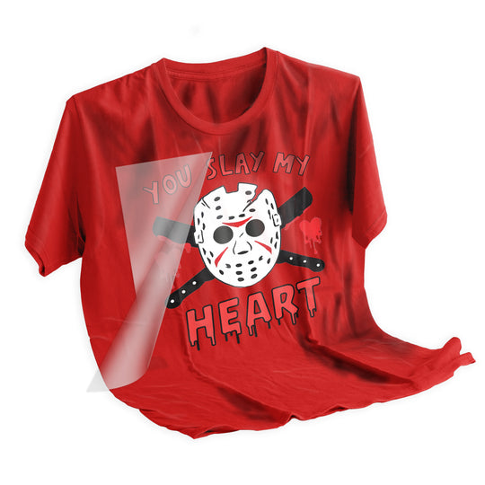 You Slay My Heart horror Valentine DTF transfer applied to black t-shirt showing final pressed result with vibrant colors and professional finish