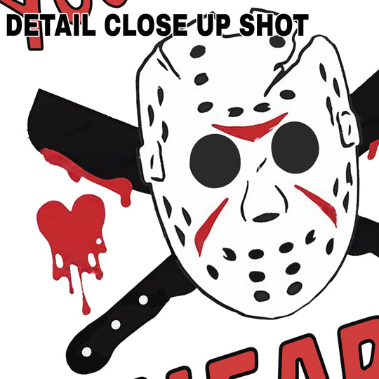 You Slay My Heart Valentine DTF transfer design featuring hockey mask with crossed knives and blood drip effects on transparent background