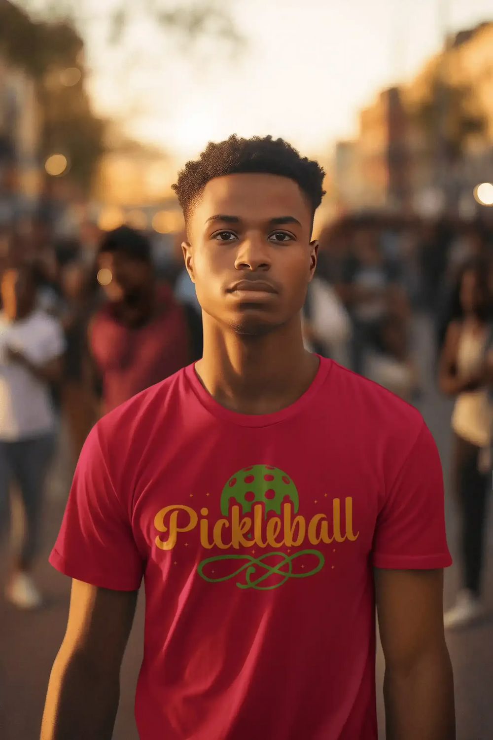 African American man wearing a red shirt featuring a Pickleball design DTF print, showcasing love for the sport.