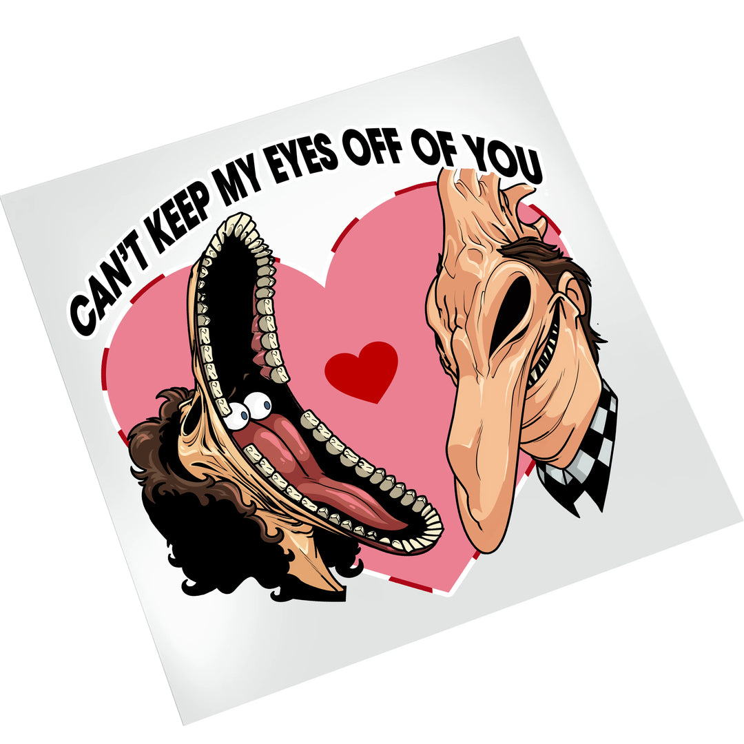 Horror comedy Valentine DTF transfer on white background showing gothic cartoon characters with romantic message