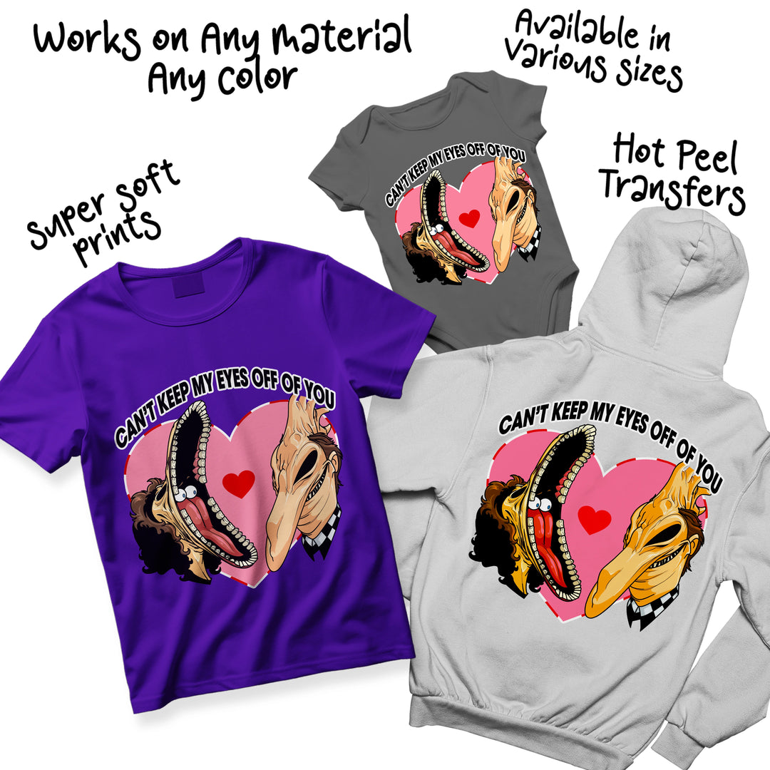 Multi-color Valentine horror romance DTF transfer variations showing different size options for custom apparel
