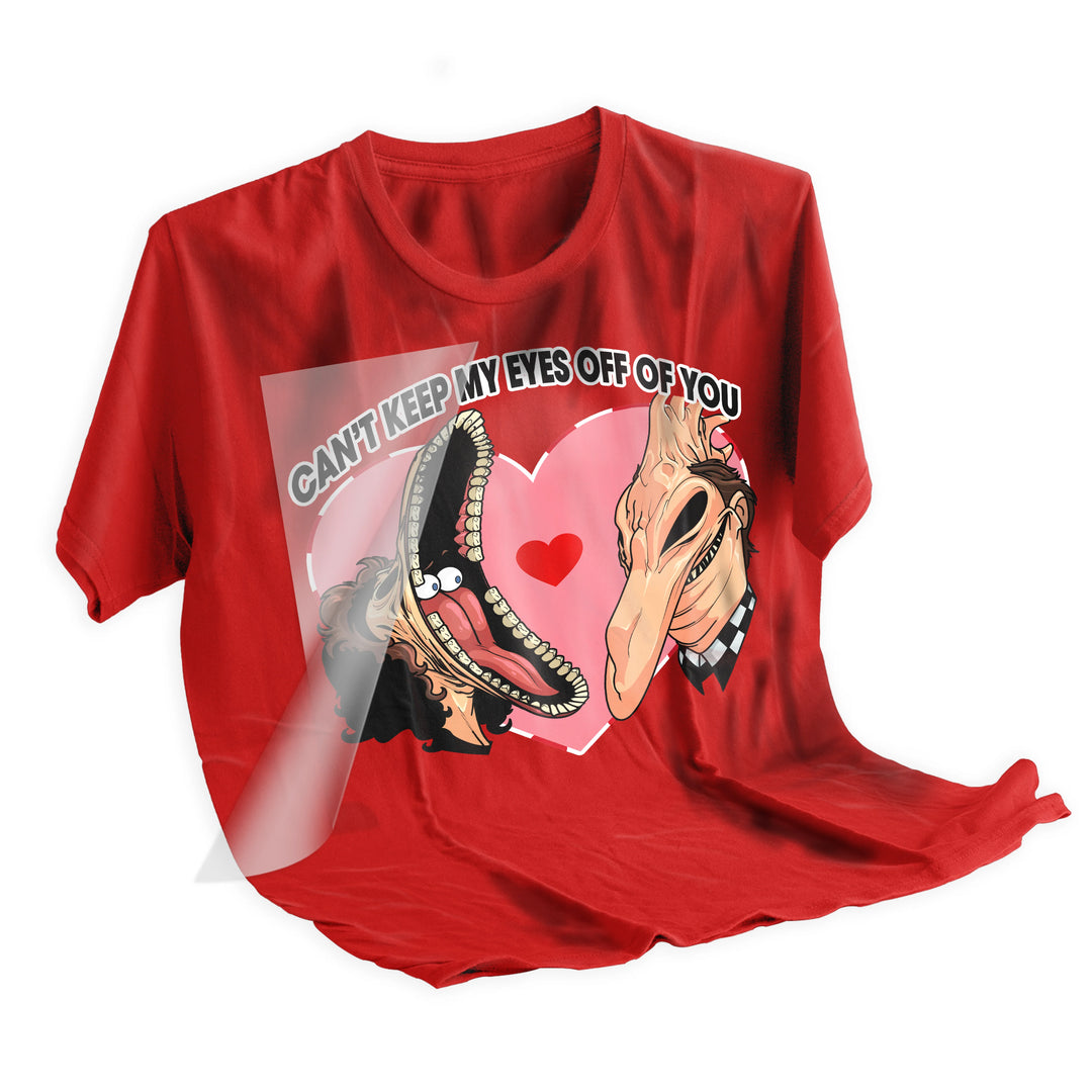 Applied Valentine horror DTF transfer on black t-shirt showing vibrant colors and sharp detail after heat pressing